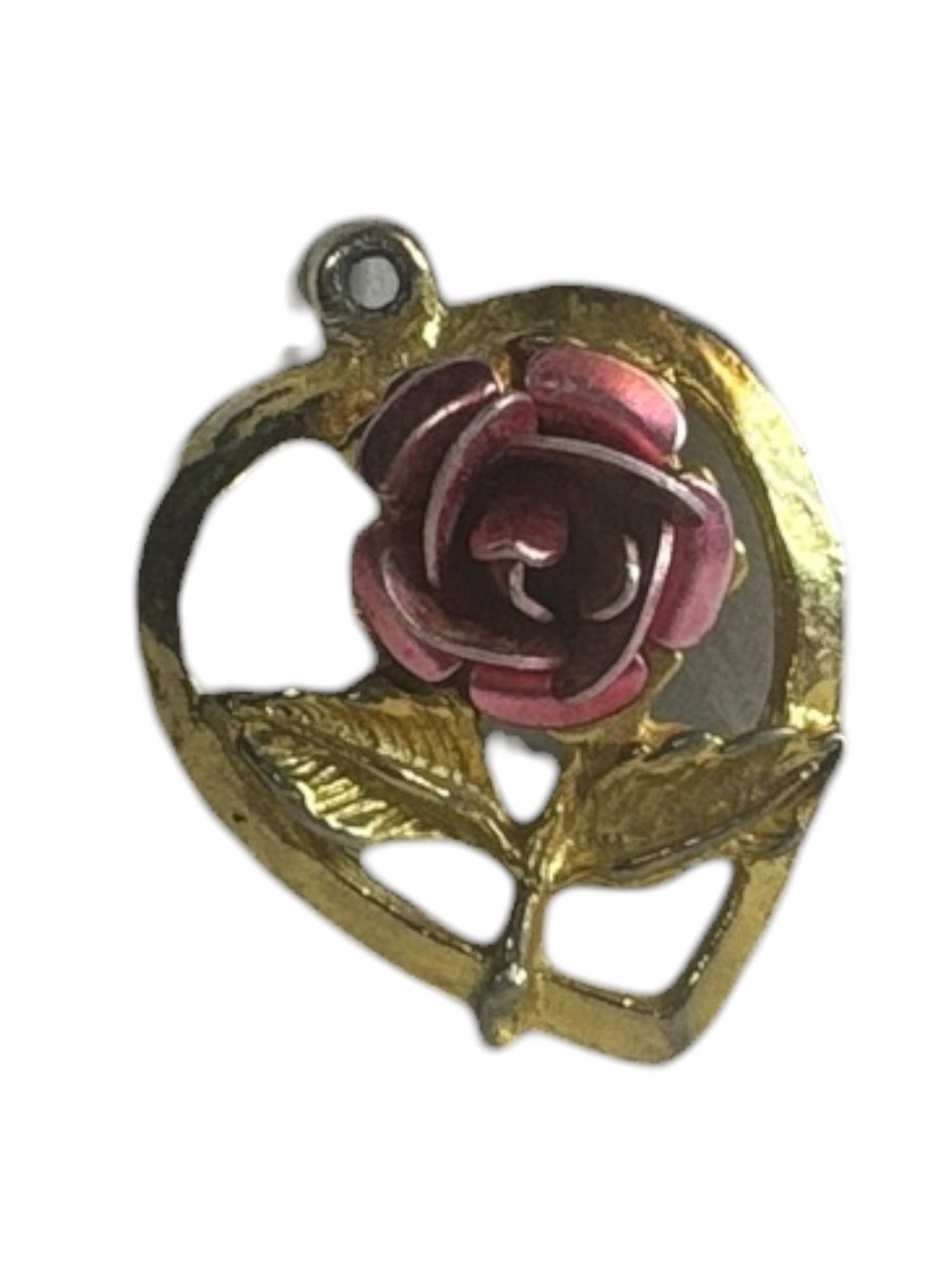 Vintage Pink Rose on Gold Heart Pendant Necklace